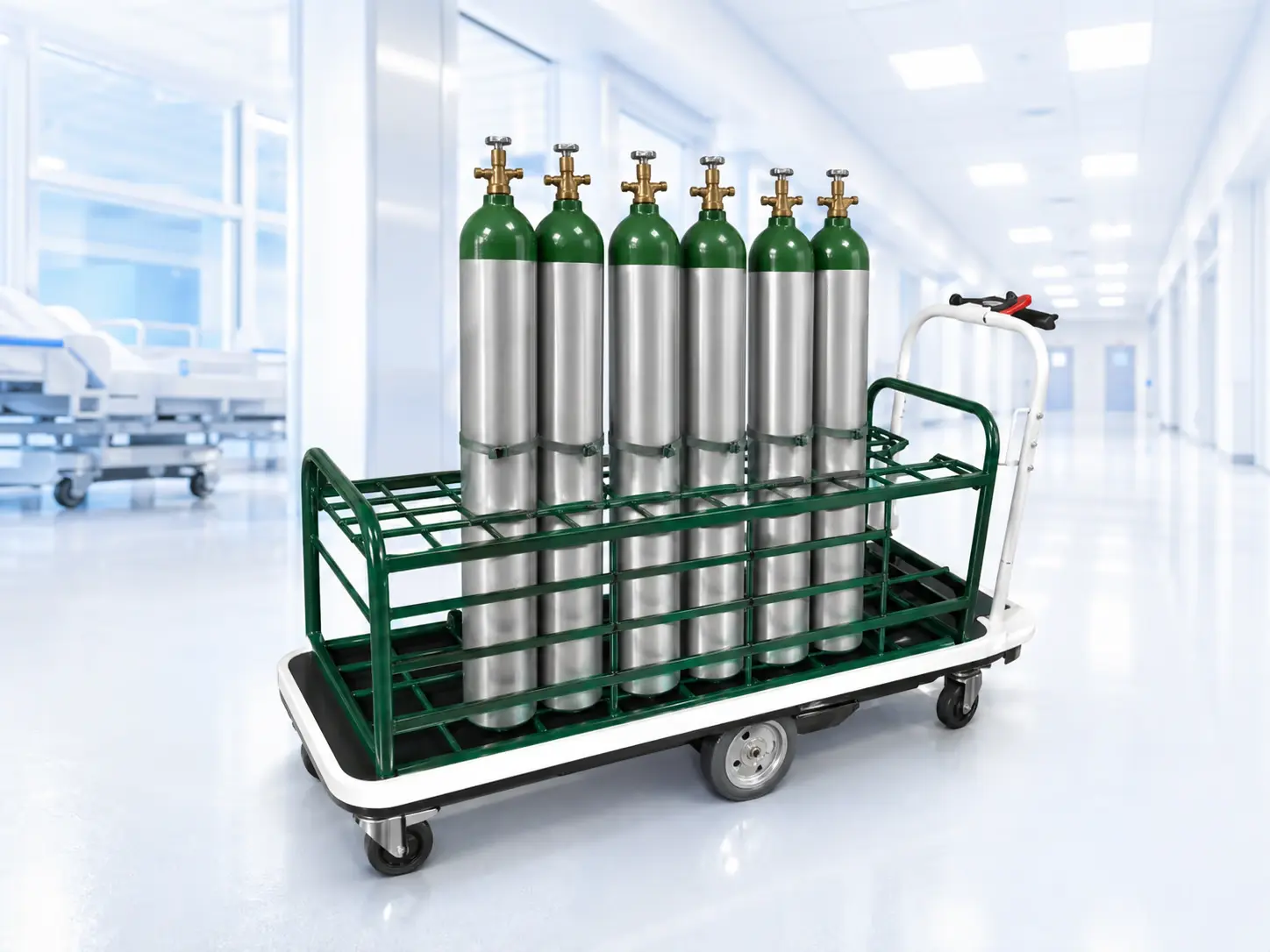 Pony Express medical gas cylinder cart loaded with oxygen tanks in a hospital corridor