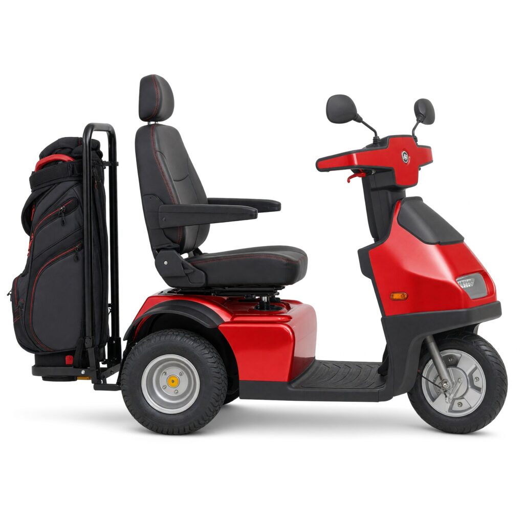Red Afiscooter S3 2-in-1 three wheel golf cart mobility scooter with extra wide rear golf tires and a golf bag in the rear bag holder, side view