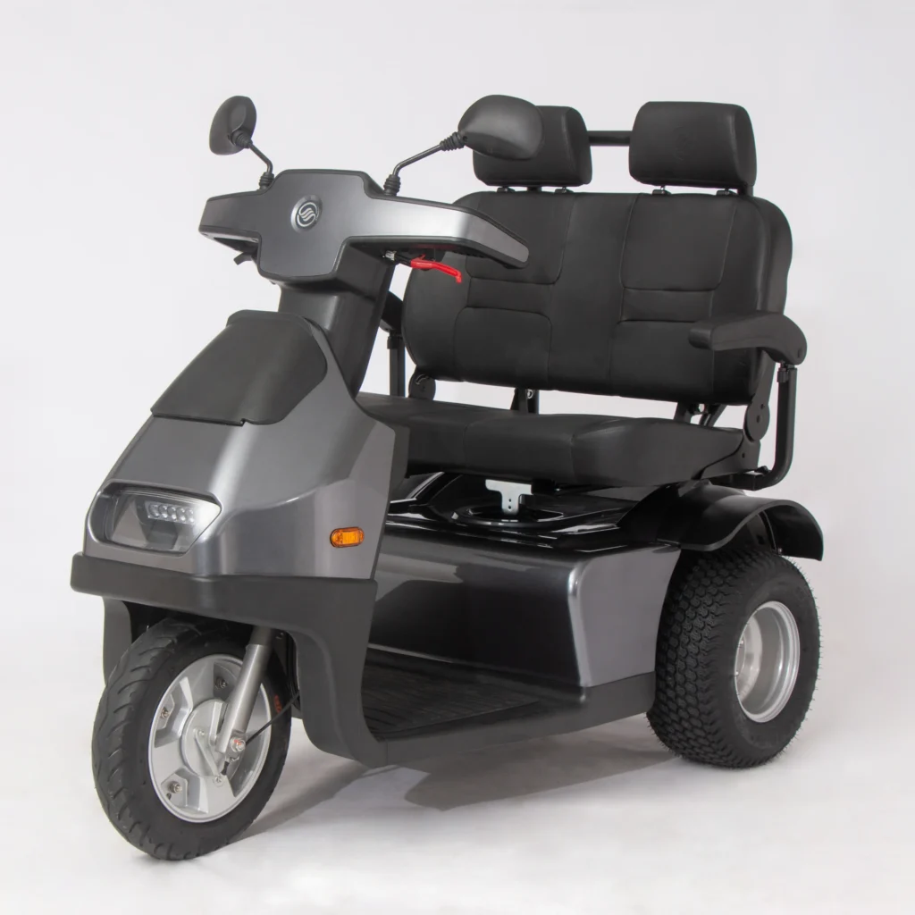 Side View of Gray Afiscooter S3 Dual Seat Mobility Scooter with Golf Tires
