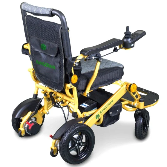 Bangeran Pegasus portable foldable power chair right rear angled view.