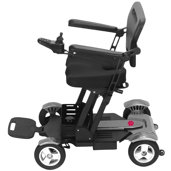 Side view of the Bangeran Titan Mobility scooter showing the armrest, joystick controller, footrests, and storage basket.