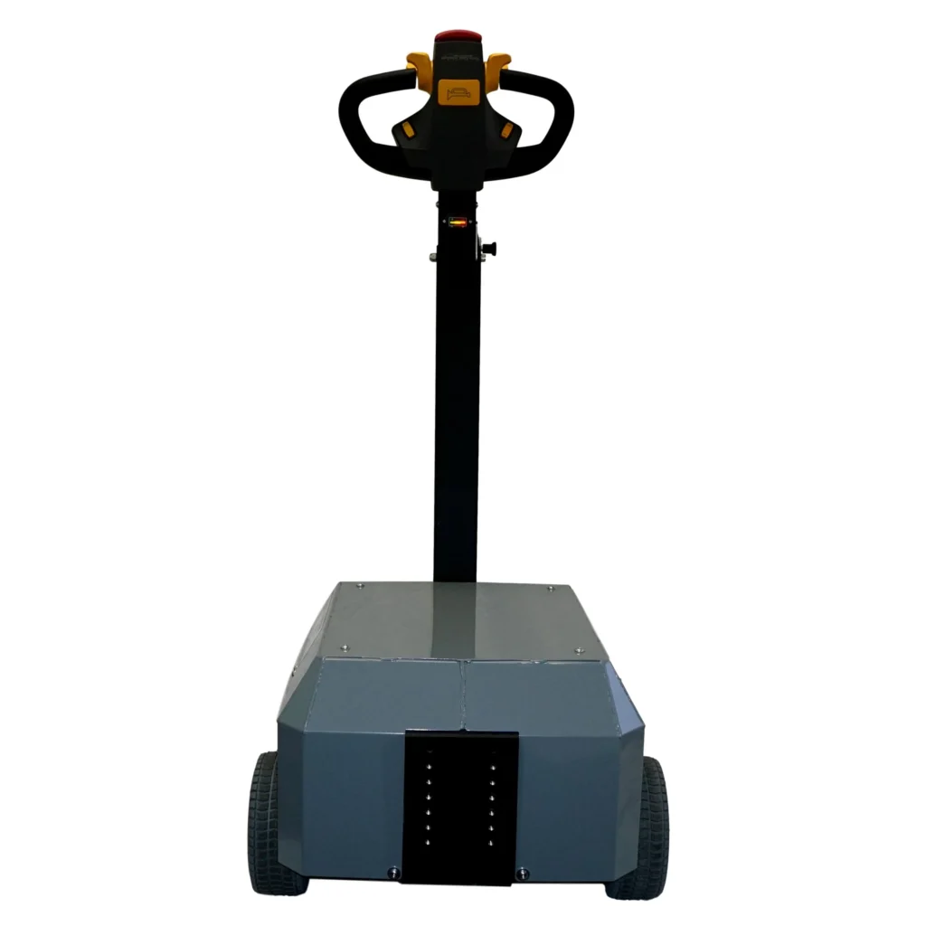 Rear angle view of pony express 1062 electric powered tugger with sturdy black tiller arm and large rear wheels