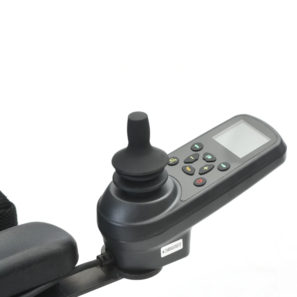 Joystick controller of Bangeran Pegasus Cerebral Palsy electric wheelchair with display and buttons.