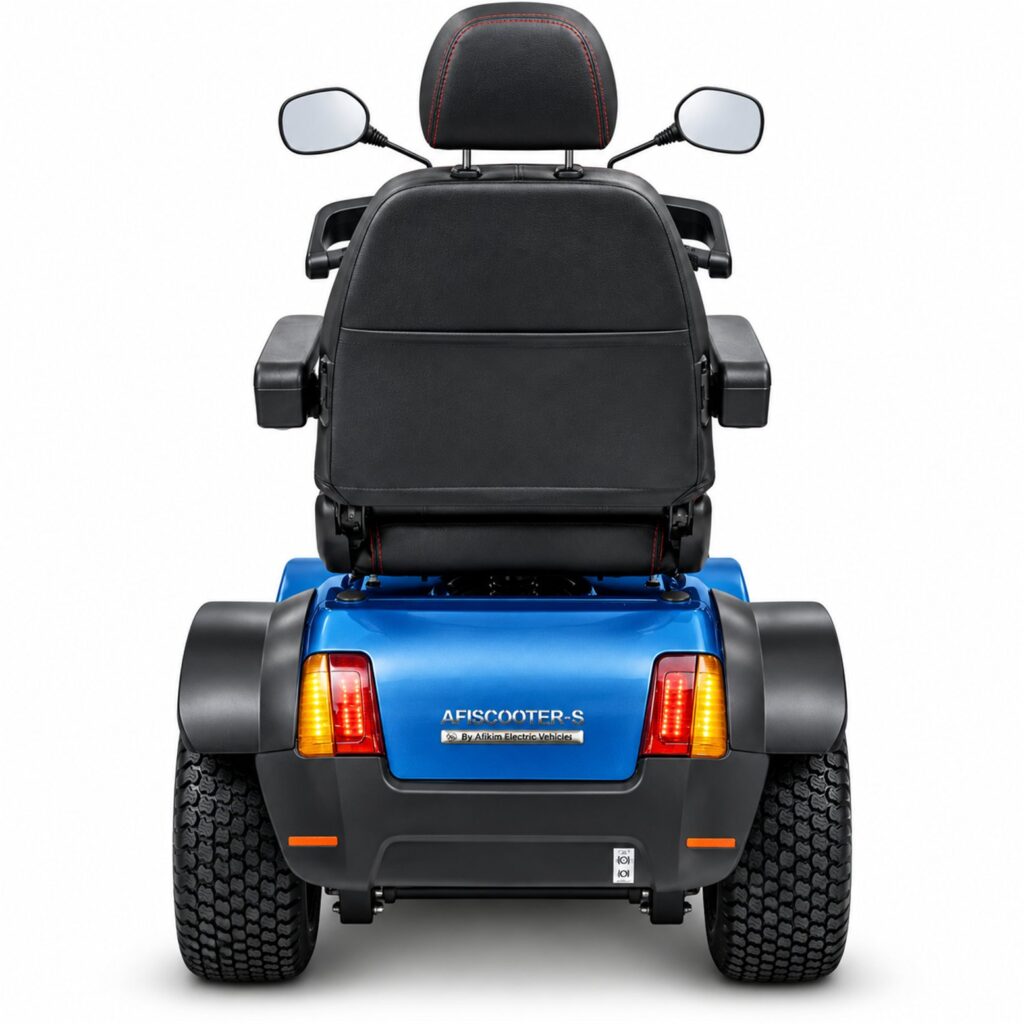Back View of Blue Afiscooter S4 Mobility Scooter with Golf Tire